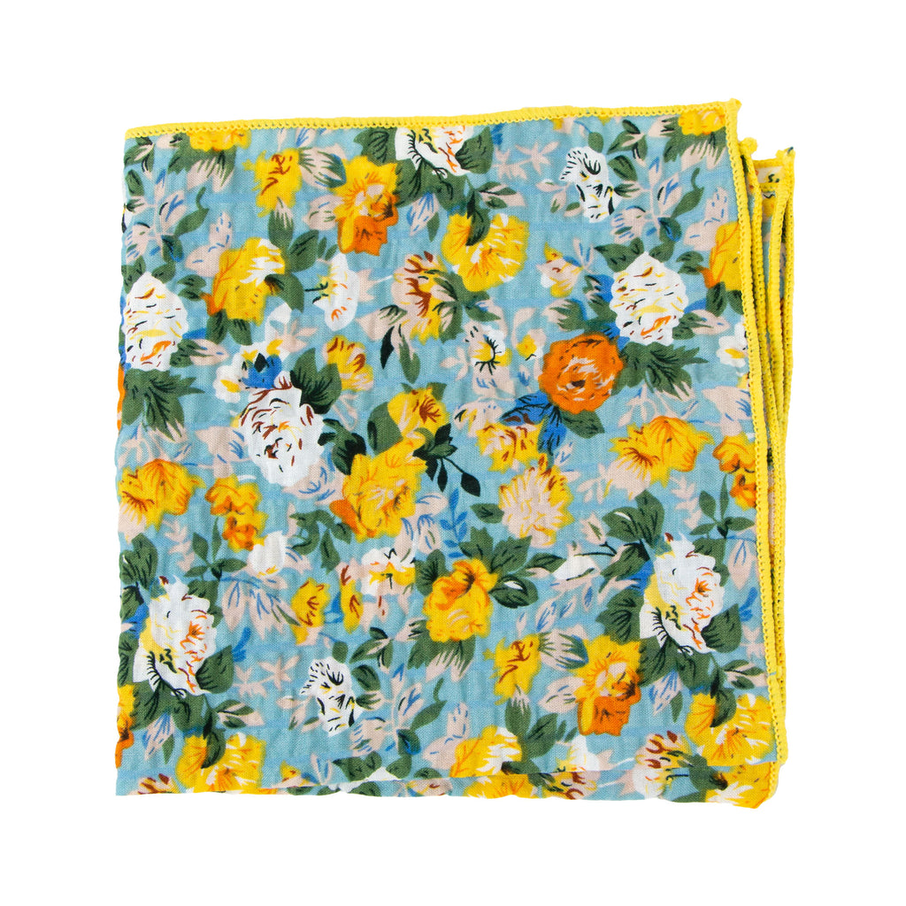 Men's Salt Shrinking Seersucker Cotton Floral Print Necktie and Handkerchief Set, Blue Yellow