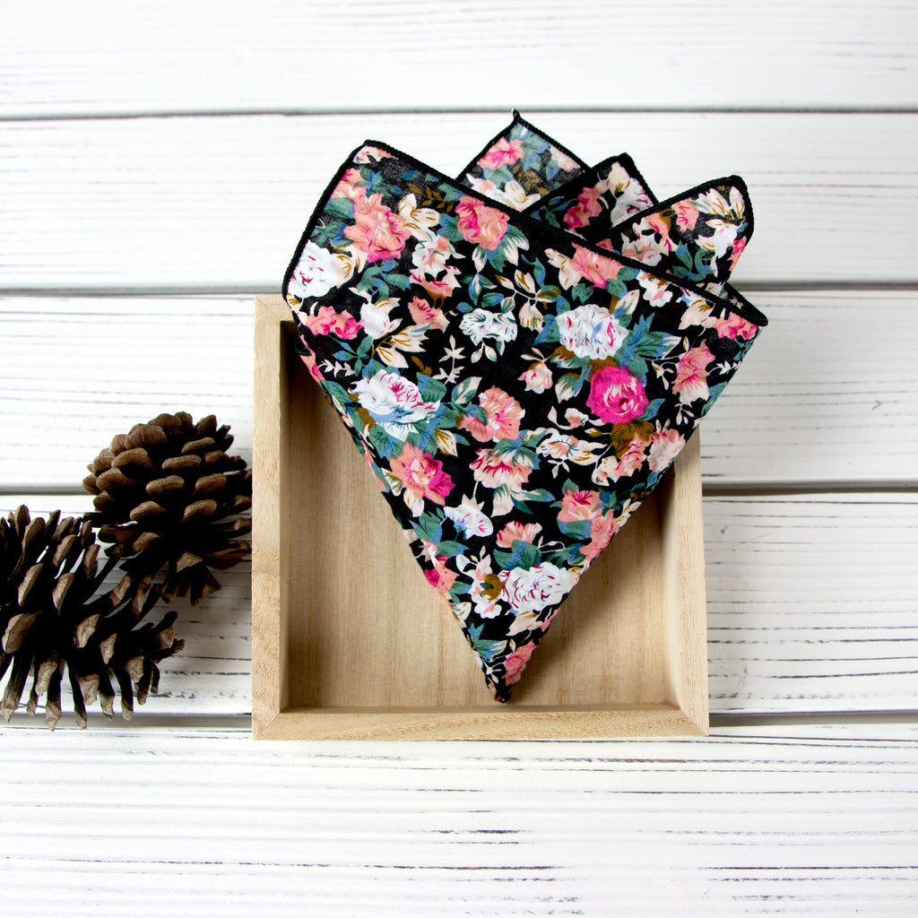 Men's Salt Shrinking Seersucker Cotton Floral Print Necktie and Handkerchief Set, Black Coral