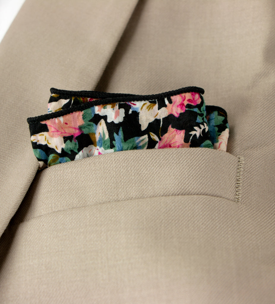 Men's Salt Shrinking Seersucker Cotton Floral Print Necktie and Handkerchief Set, Black Coral