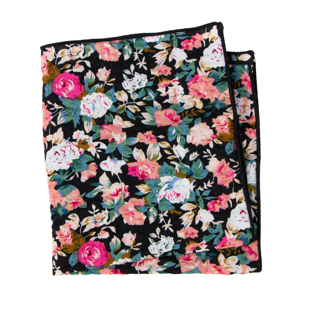 Men's Salt Shrinking Seersucker Cotton Floral Print Necktie and Handkerchief Set, Black Coral