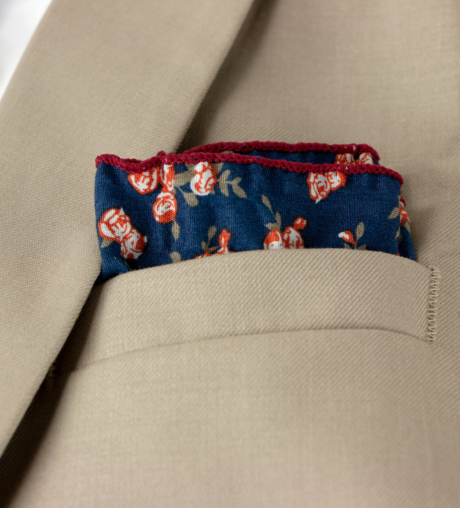 Men's Salt Shrinking Seersucker Cotton Floral Print Necktie and Handkerchief Set, Navy Orange