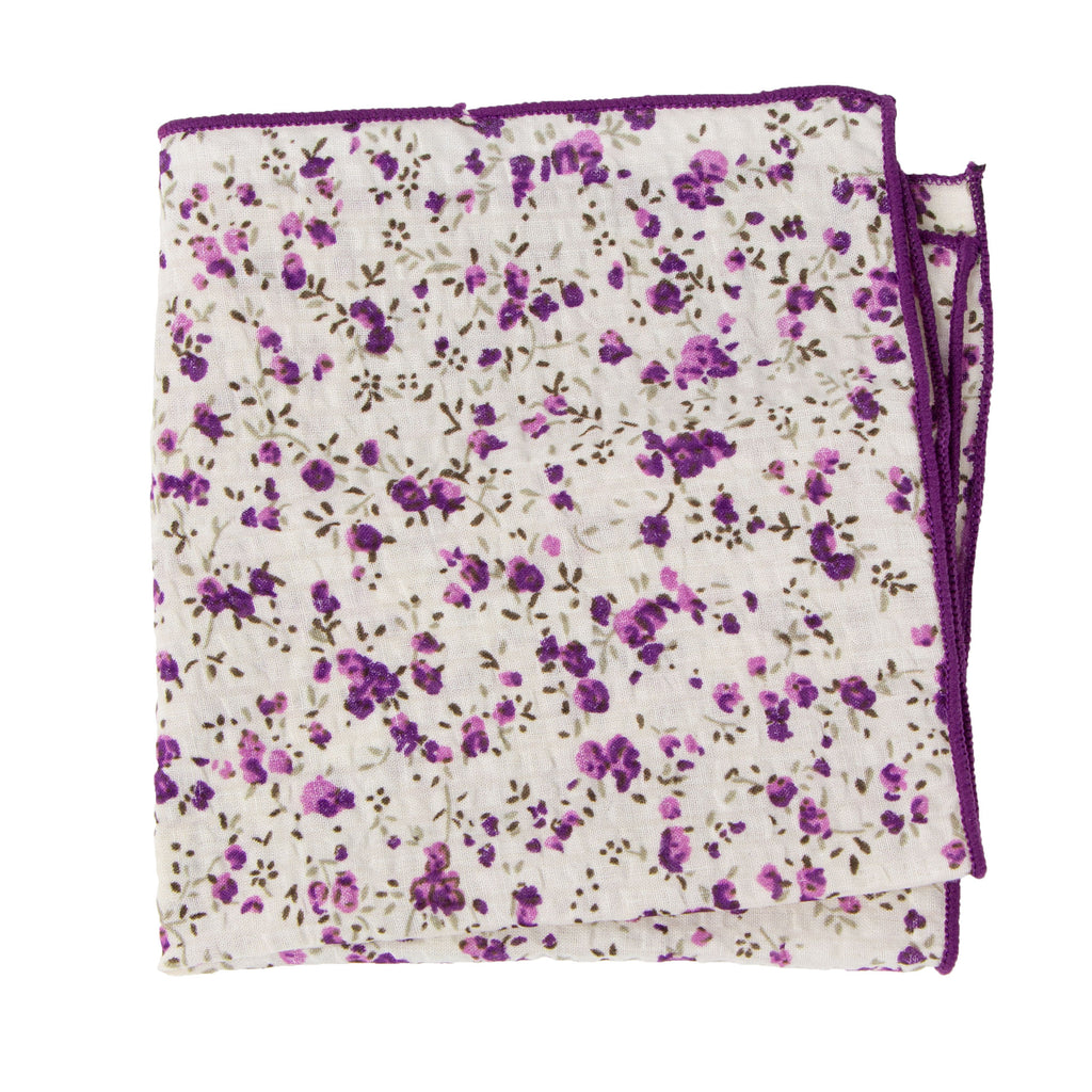 Men's Salt Shrinking Seersucker Cotton Floral Print Necktie and Handkerchief Set, Ivory Purple