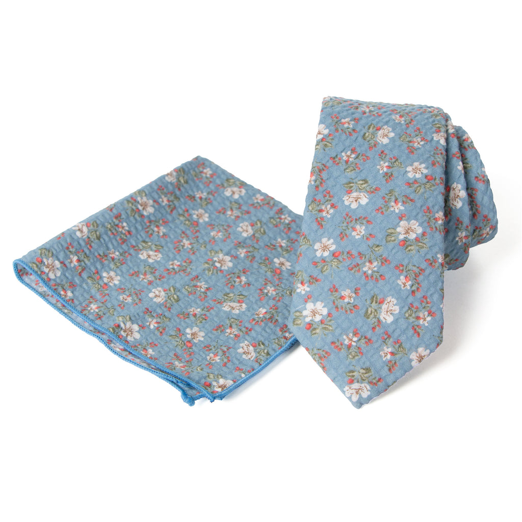 Men's Salt Shrinking Seersucker Cotton Floral Print Necktie and Handkerchief Set, Blue