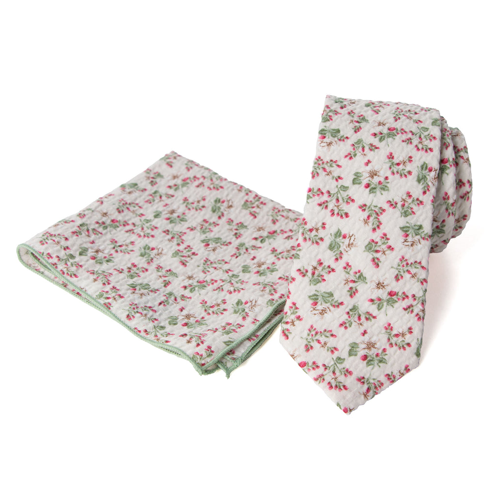 Men's Salt Shrinking Seersucker Cotton Floral Print Necktie and Handkerchief Set, Beige Sage Red