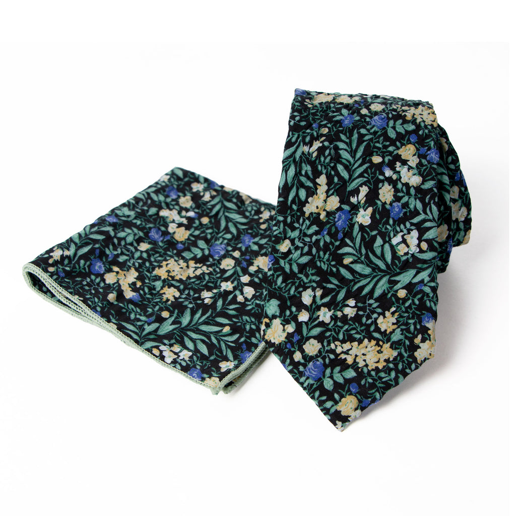 Men's Salt Shrinking Seersucker Cotton Floral Print Necktie and Handkerchief Set, Black Green