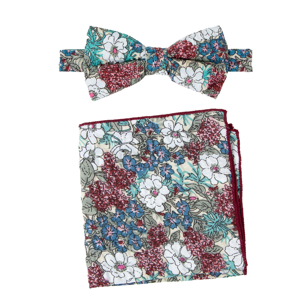 Men's Salt Shrinking Seersucker Cotton Floral Print Bow Tie and Handkerchief Set, Blue Tan