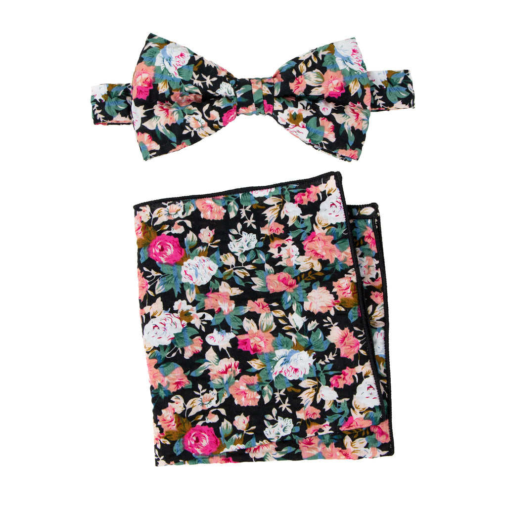 Men's Salt Shrinking Seersucker Cotton Floral Print Bow Tie and Handkerchief Set, Black Coral