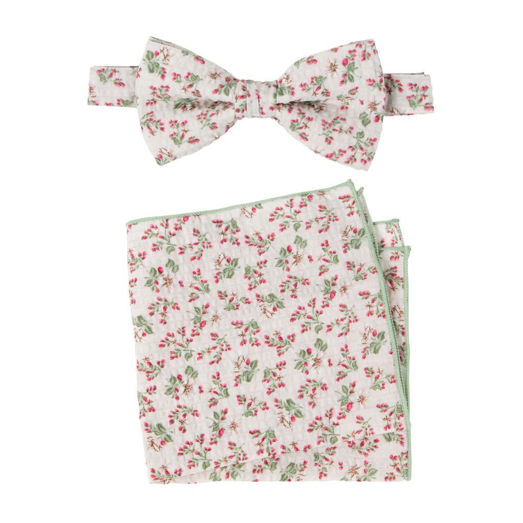 Men's Salt Shrinking Seersucker Cotton Floral Print Bow Tie and Handkerchief Set, Beige Sage Red