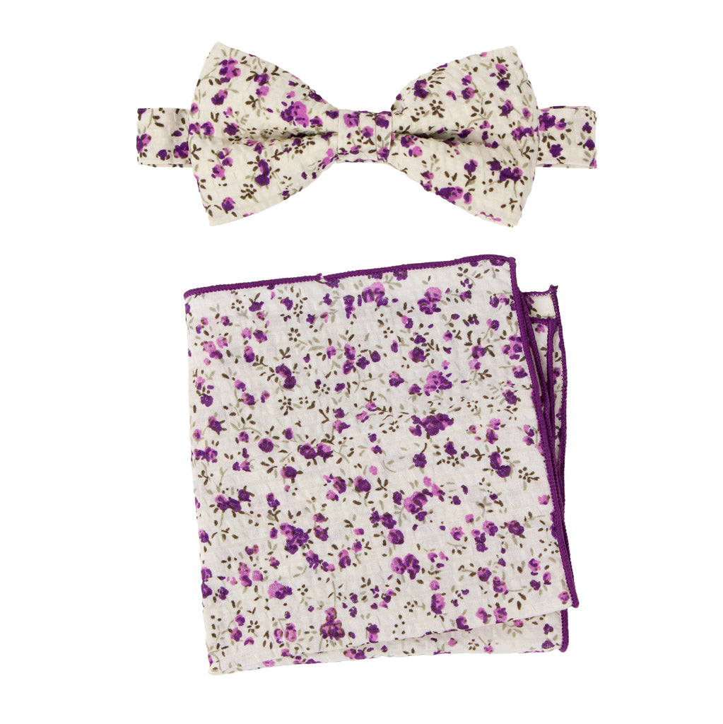 Men's Salt Shrinking Seersucker Cotton Floral Print Bow Tie and Handkerchief Set, Ivory Purple