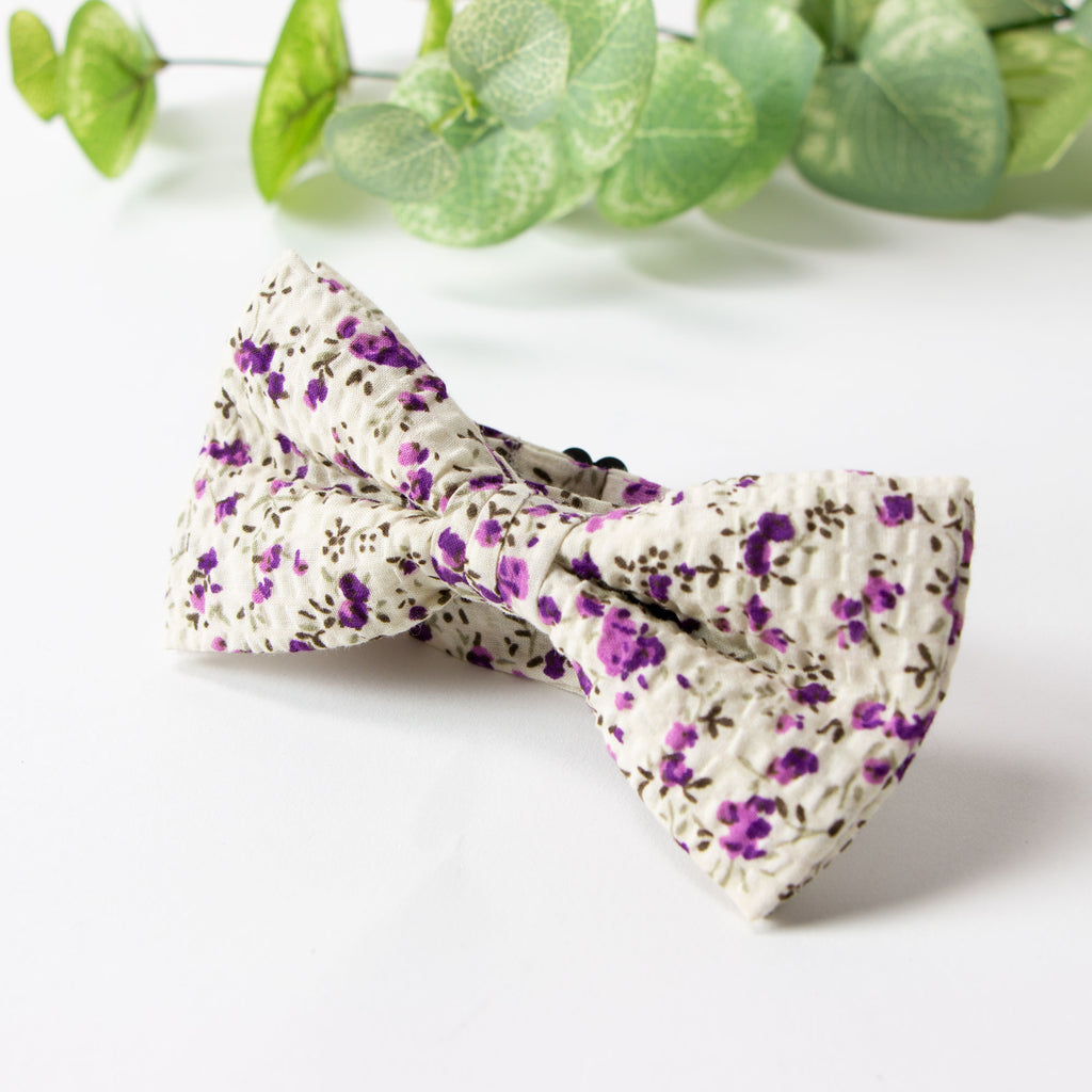 Men's Salt Shrinking Seersucker Cotton Floral Print Bow Tie and Handkerchief Set, Ivory Purple