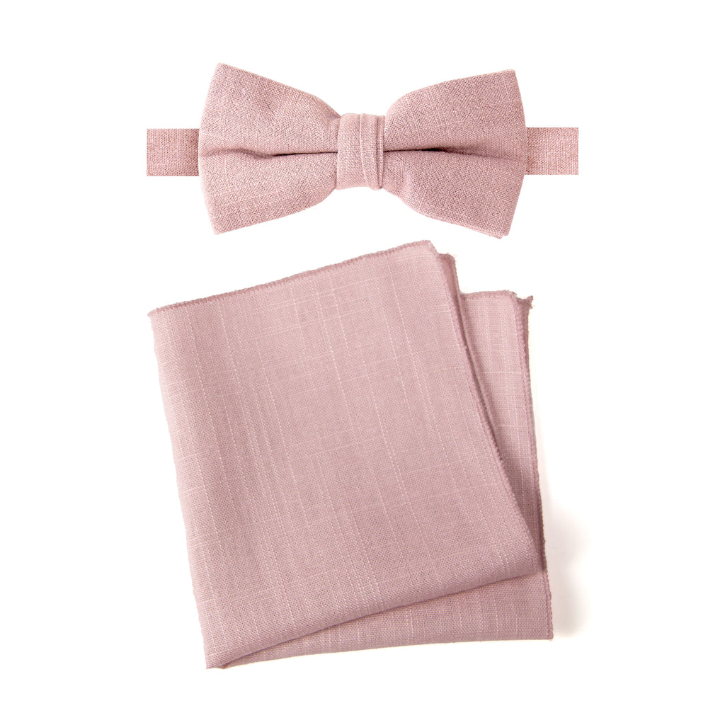 Men's Linen Blend Bow Tie and Pocket Square Handkerchief Hanky Set
