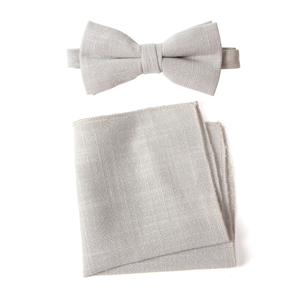 Men's Linen Blend Bow Tie and Pocket Square Handkerchief Hanky Set