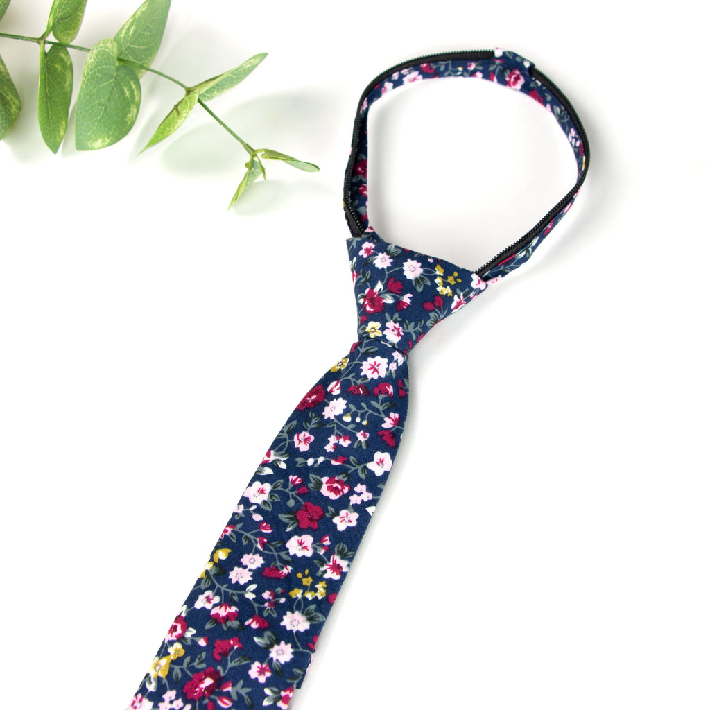Boys' Cotton Floral Print Zipper Necktie and Pocket Square Set, Navy (Color F23)