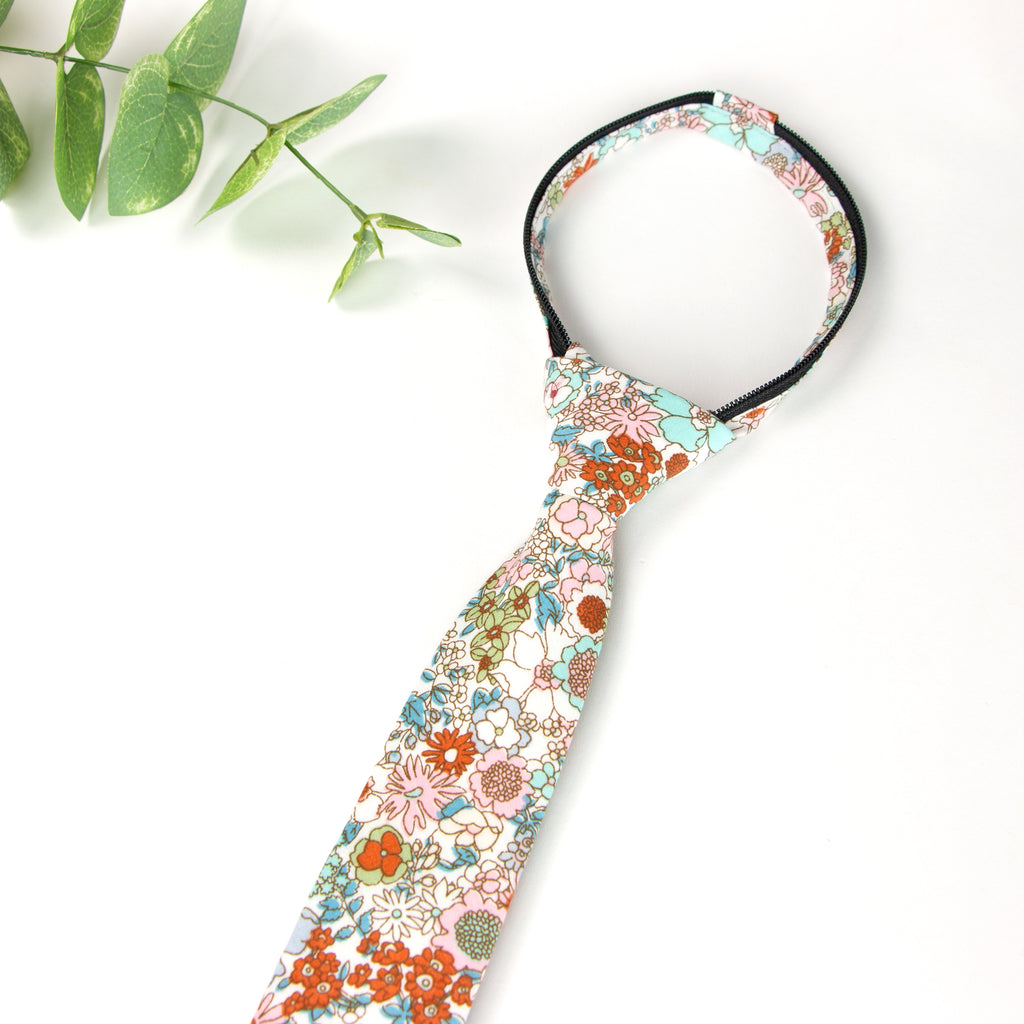 Boys' Cotton Floral Print Zipper Necktie and Pocket Square Set, Blue Pink (Color F27)