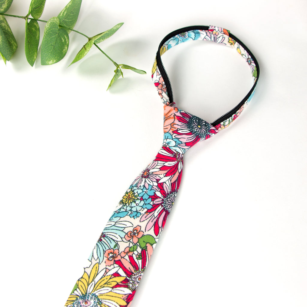 Boys' Cotton Floral Print Zipper Necktie and Pocket Square Set, Blue Red (Color F30)