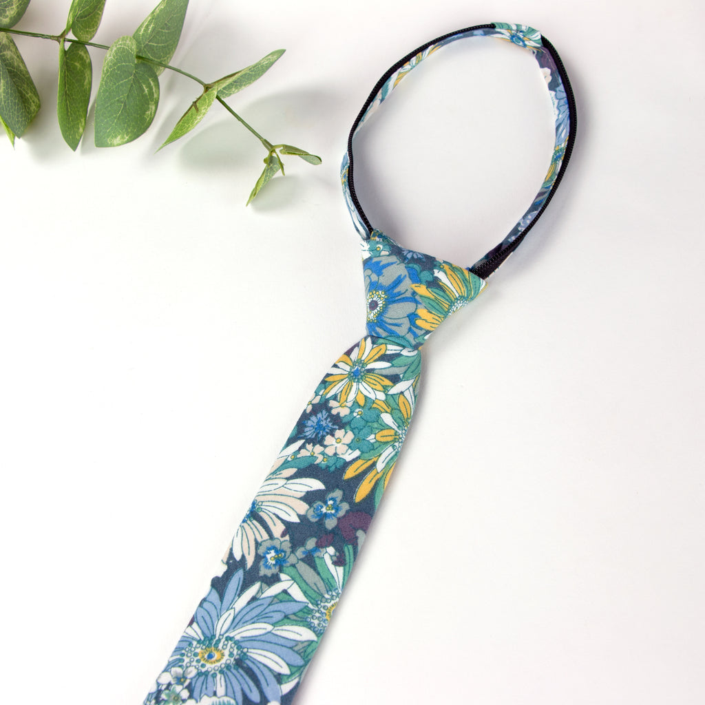 Boys' Cotton Floral Print Zipper Necktie and Pocket Square Set, Blue (Color F31)