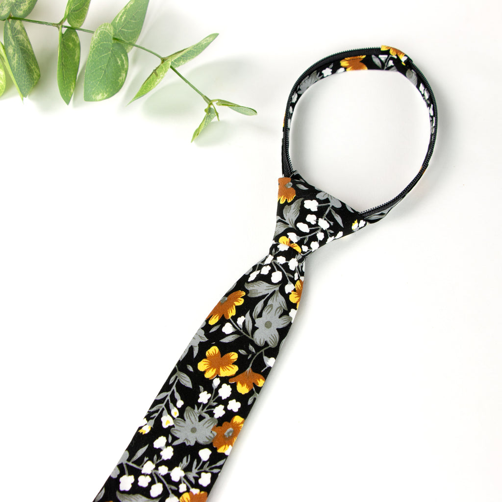 Boys' Cotton Floral Print Zipper Necktie and Pocket Square Set, Black Mustard (Color F41)