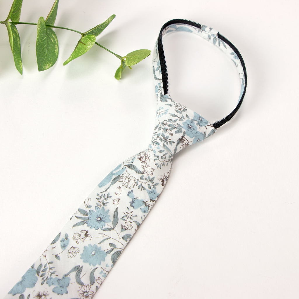 Boys' Cotton Floral Print Zipper Necktie and Pocket Square Set, Dusty Blue (Color F48)