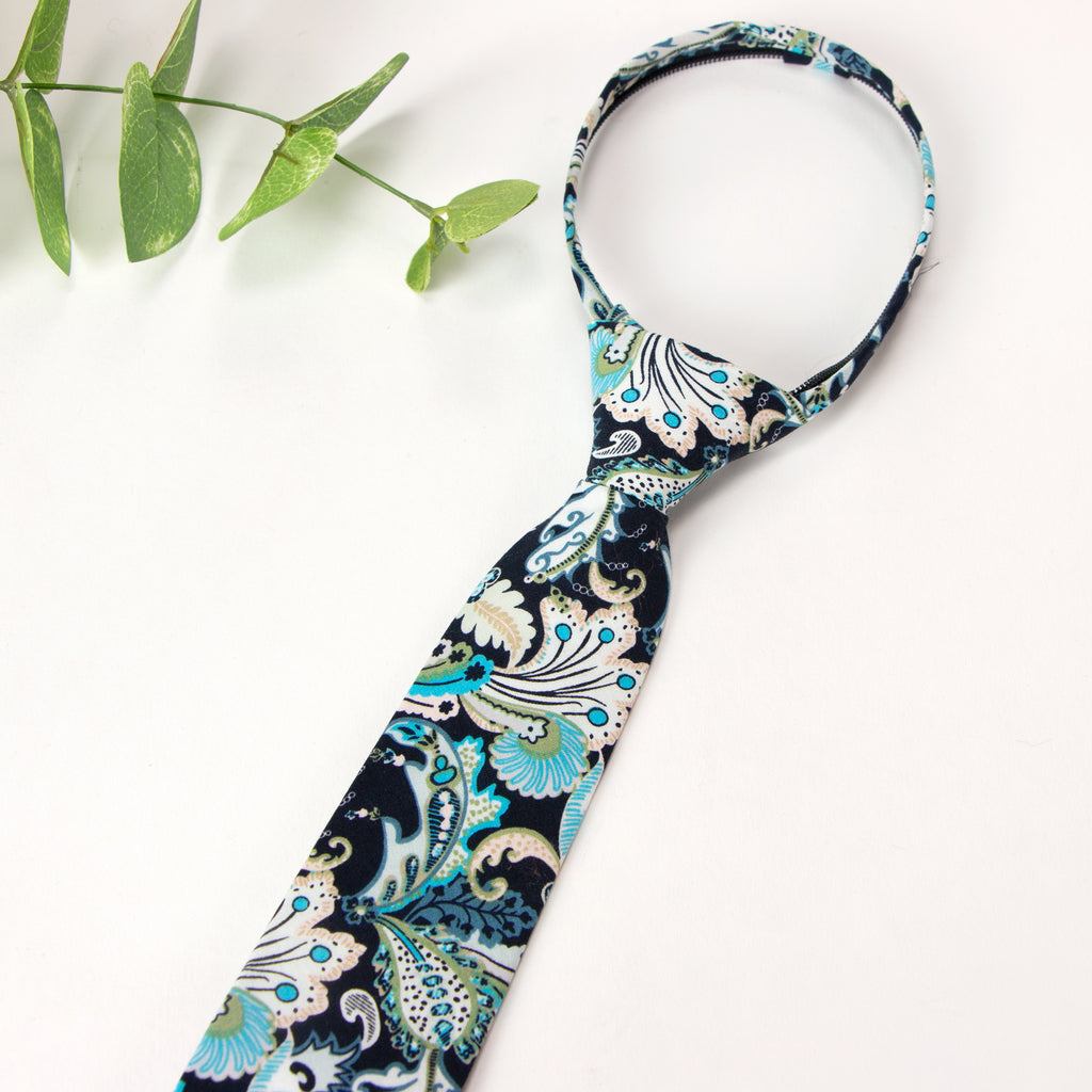 Boys' Cotton Floral Print Zipper Necktie and Pocket Square Set, Marine (Color F50)