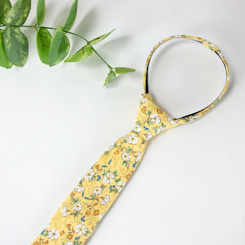 Boys' Cotton Floral Print Zipper Necktie and Pocket Square Set, Yellow (Color F61)