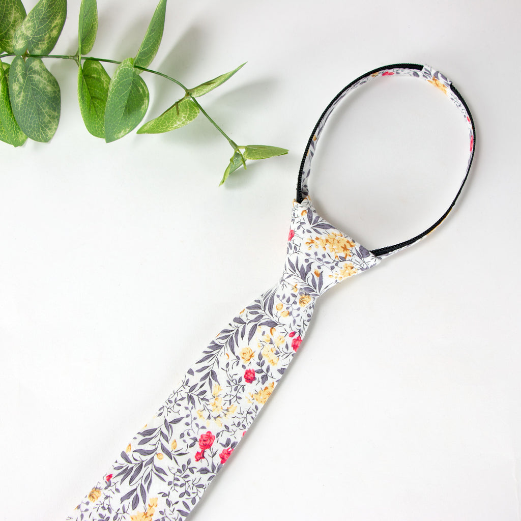 Boys' Cotton Floral Print Zipper Necktie and Pocket Square Set, Yellow Red (Color F62)