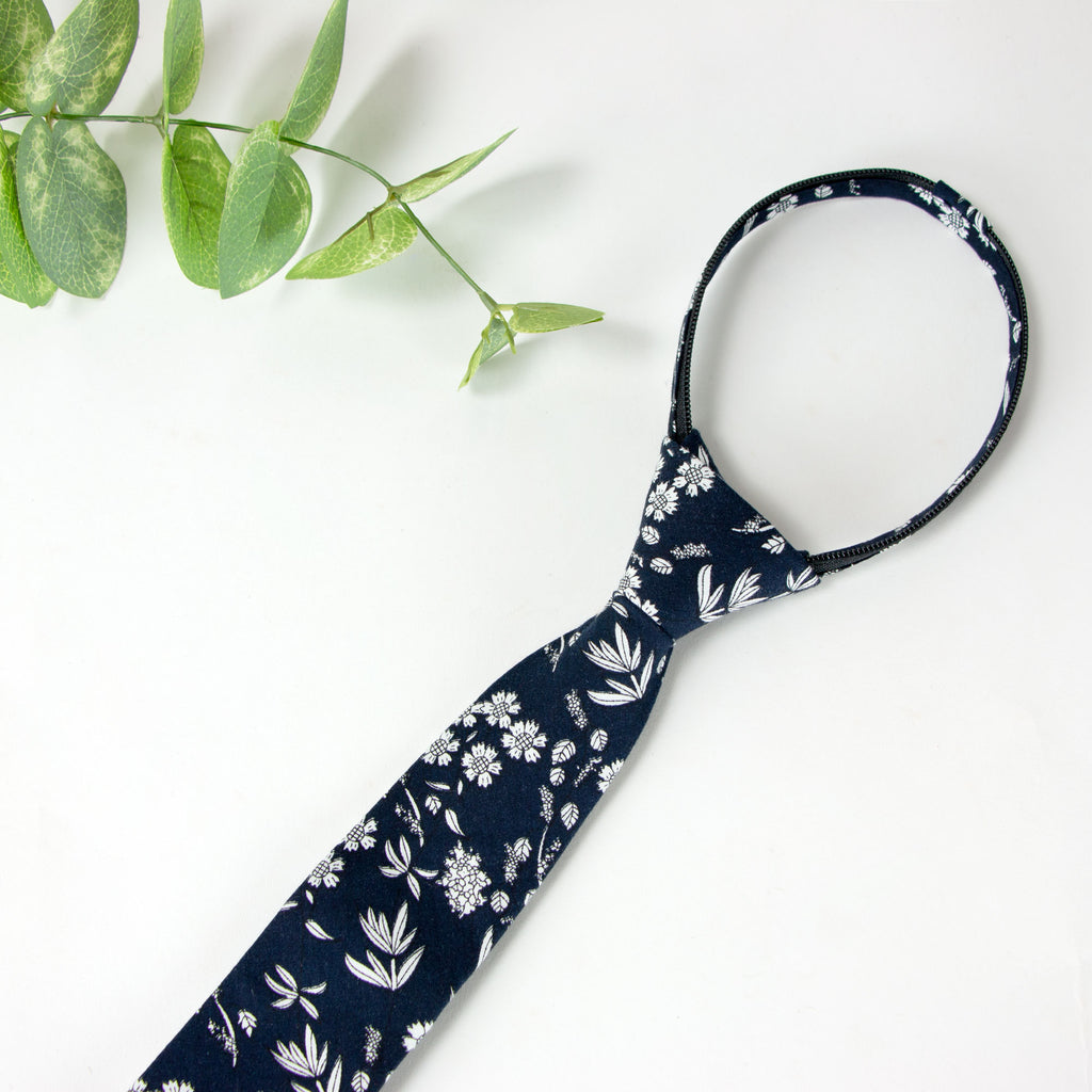 Boys' Cotton Floral Print Zipper Necktie and Pocket Square Set, Navy (Color F66)
