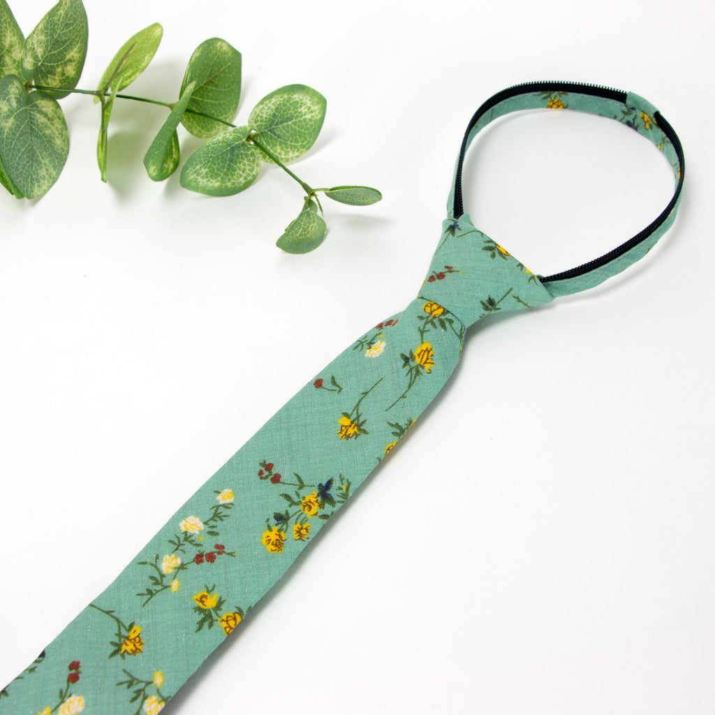 Boys' Cotton Floral Print Zipper Necktie and Pocket Square Set, Green Yellow (Color F72)