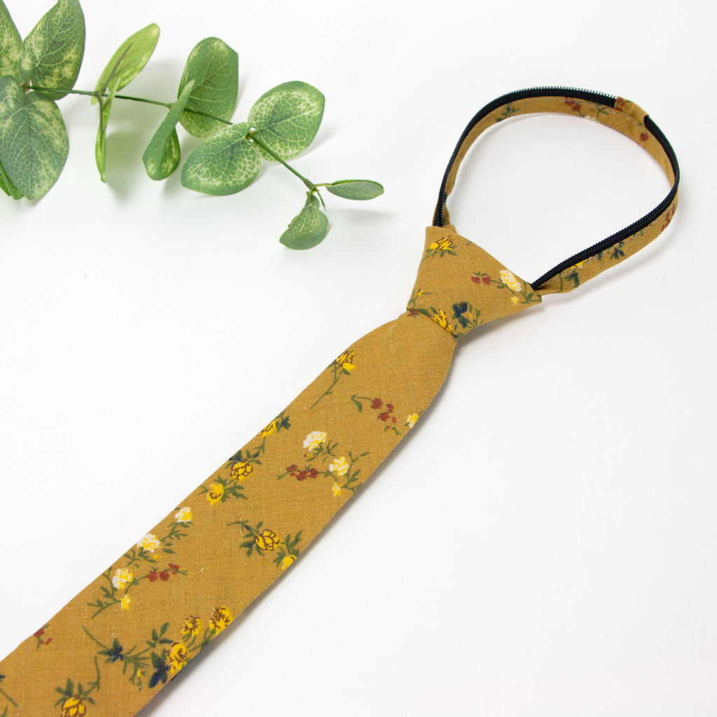 Boys' Cotton Floral Print Zipper Necktie and Pocket Square Set, Yellow Mustard (Color F73)