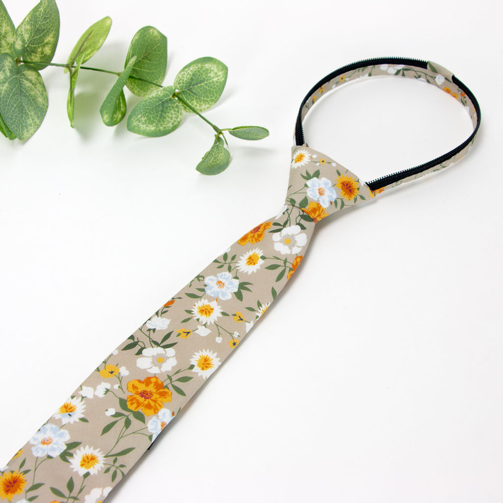 Boys' Cotton Floral Skinny Zipper Tie, Taupe Khaki (Color F74)