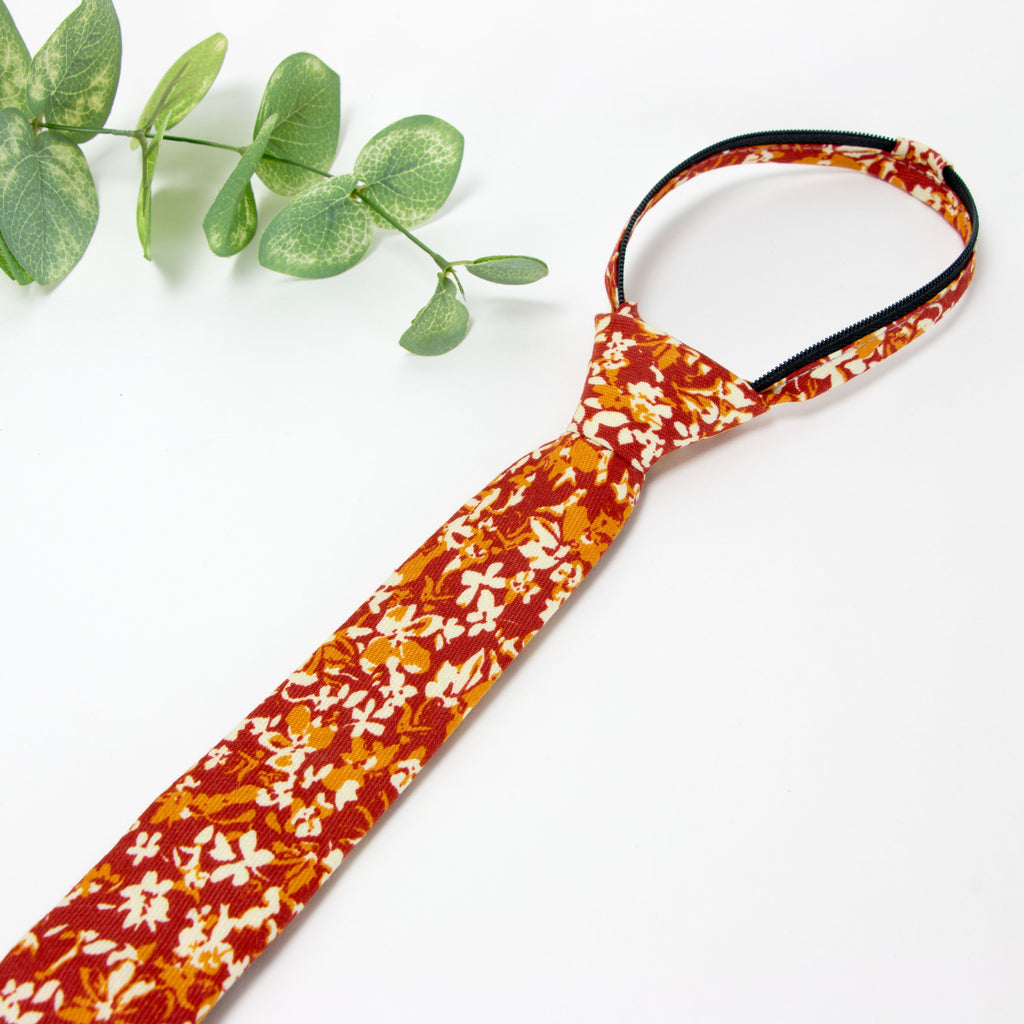 Boys' Cotton Floral Skinny Zipper Tie, Rust (Color F75)