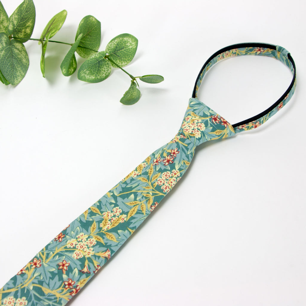Boys' Cotton Floral Print Zipper Necktie and Pocket Square Set, Green Yellow (Color F76)