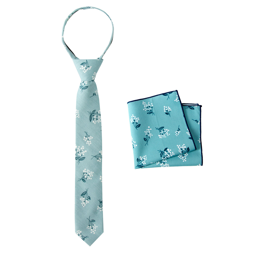 Boys' Cotton Floral Print Zipper Necktie and Pocket Square Set, Light Blue (Color F14)