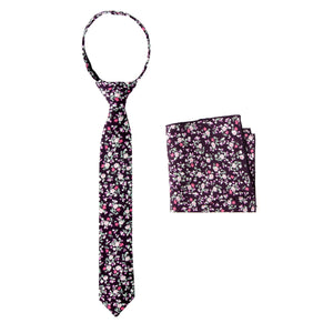 Boys' Cotton Floral Print Zipper Necktie and Pocket Square Set, Purple (Color F20)