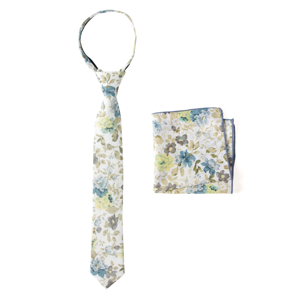 Boys' Cotton Floral Print Zipper Necktie and Pocket Square Set, Yellow (Color F24)