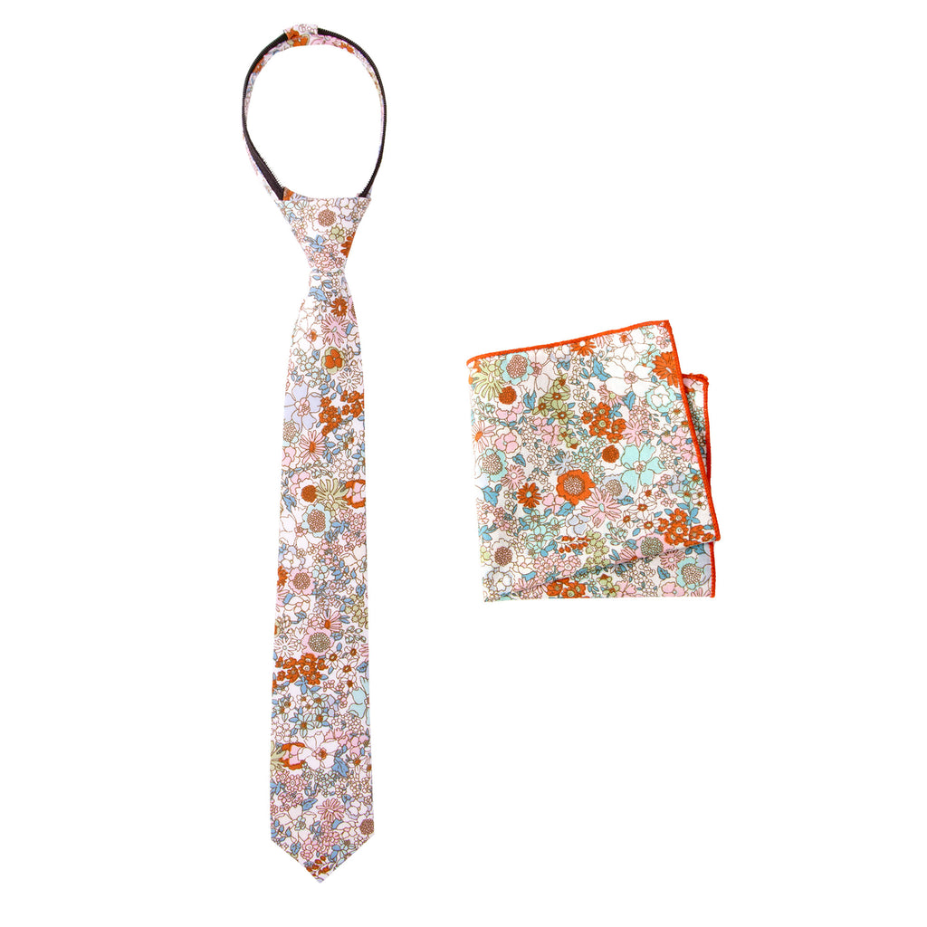 Boys' Cotton Floral Print Zipper Necktie and Pocket Square Set, Blue Pink (Color F27)