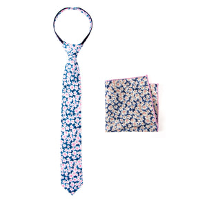 Boys' Cotton Floral Print Zipper Necktie and Pocket Square Set, Blue Pink (Color F28)