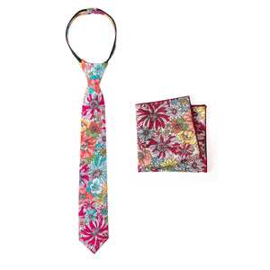 Boys' Cotton Floral Print Zipper Necktie and Pocket Square Set, Blue Red (Color F30)