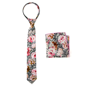 Boys' Cotton Floral Print Zipper Necktie and Pocket Square Set, Black Pink (Color F34)