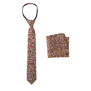 Boys' Cotton Floral Print Zipper Necktie and Pocket Square Set, Brown (Color F39)