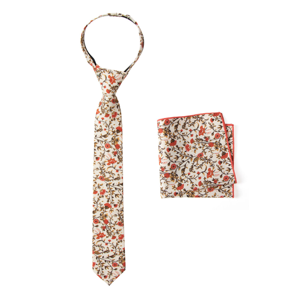 Boys' Cotton Floral Print Zipper Necktie and Pocket Square Set, Sienna (Color F43)