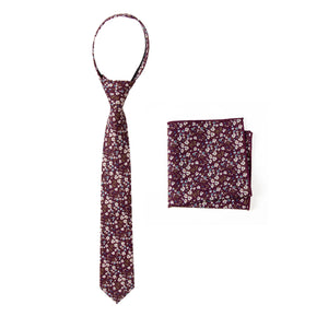 Boys' Cotton Floral Print Zipper Necktie and Pocket Square Set, Wine (Color F47)