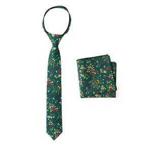 Boys' Cotton Floral Print Zipper Necktie and Pocket Square Set, Juniper (Color F51)