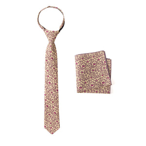Boys' Cotton Floral Print Zipper Necktie and Pocket Square Set, Rose Gold (Color F55)