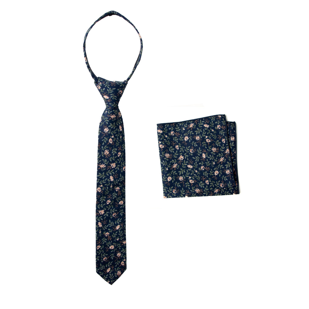 Boys' Cotton Floral Print Zipper Necktie and Pocket Square Set, Navy (Color F57)