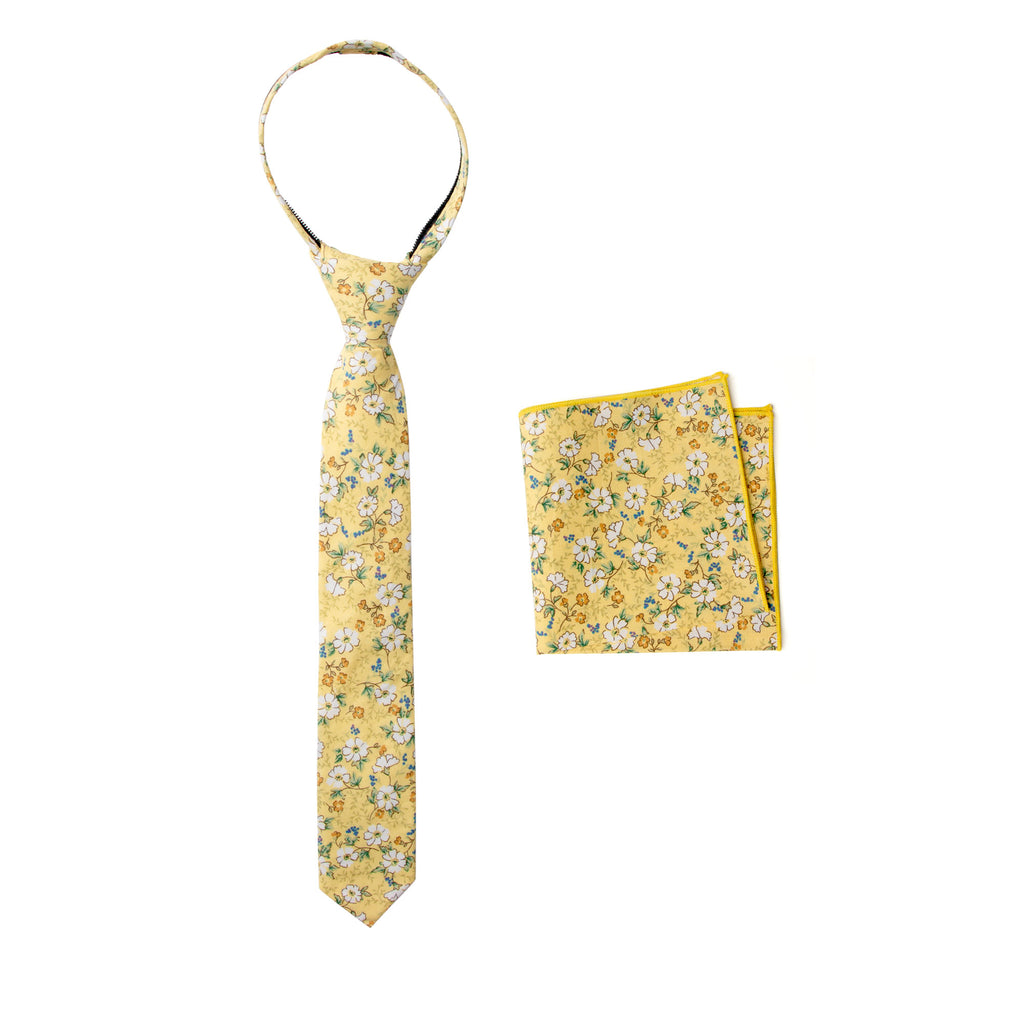 Boys' Cotton Floral Print Zipper Necktie and Pocket Square Set, Yellow (Color F61)