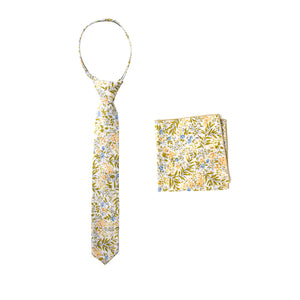 Boys' Cotton Floral Print Zipper Necktie and Pocket Square Set, Yellow Blue (Color F63)
