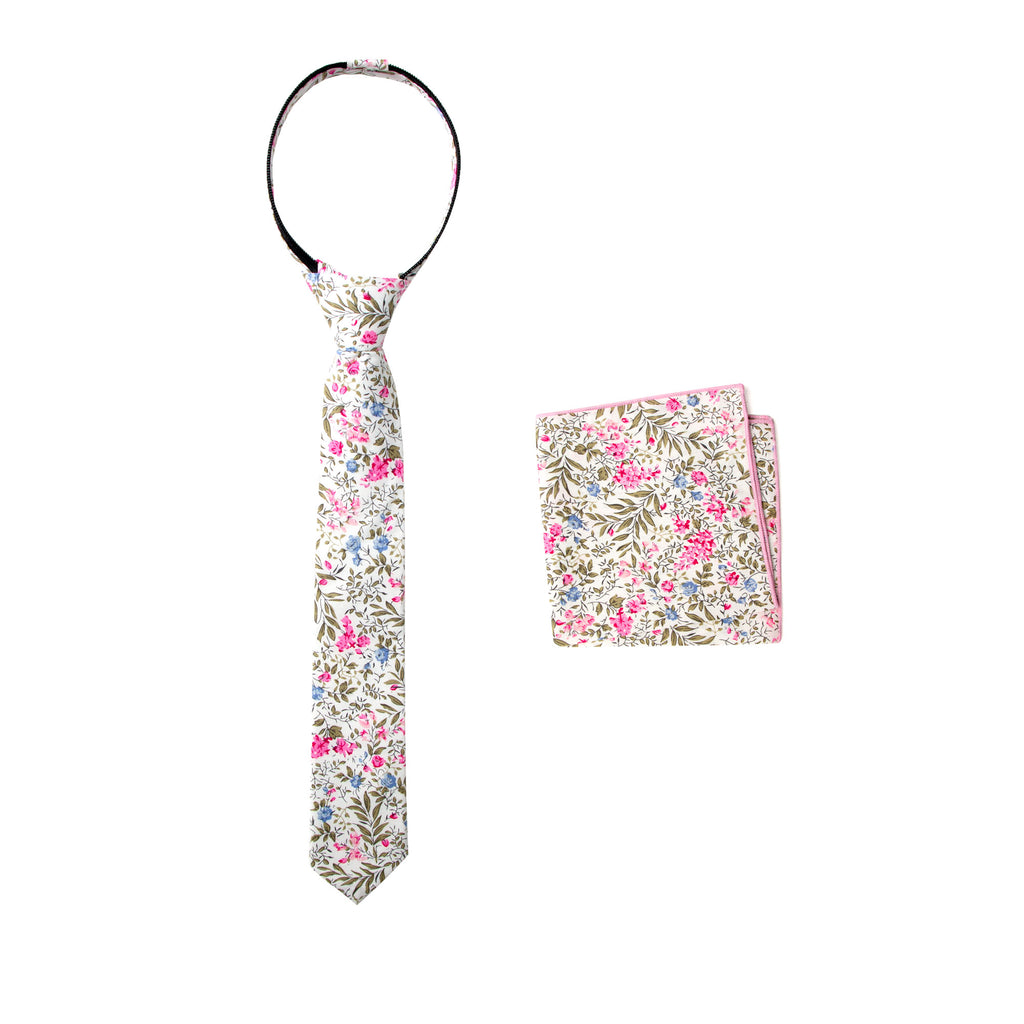 Boys' Cotton Floral Print Zipper Necktie and Pocket Square Set, Blue Pink (Color F64)