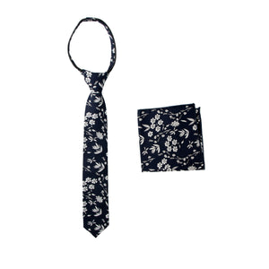 Boys' Cotton Floral Print Zipper Necktie and Pocket Square Set, Navy (Color F66)