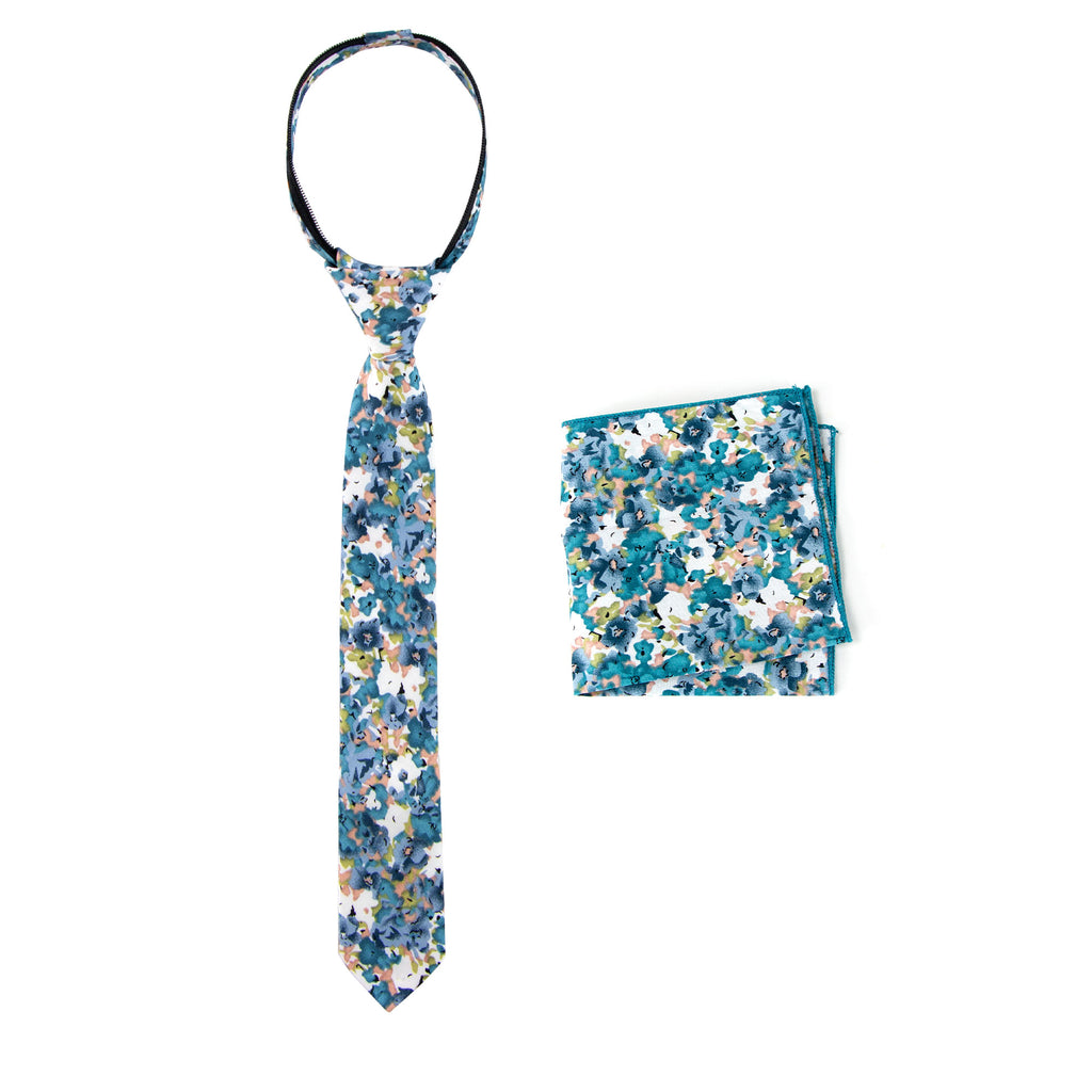 Boys' Cotton Floral Print Zipper Necktie and Pocket Square Set, Teal (Color F69)