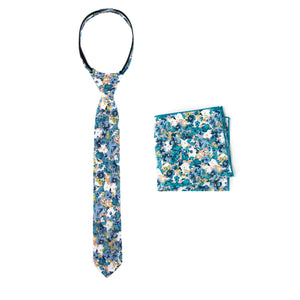 Boys' Cotton Floral Print Zipper Necktie and Pocket Square Set, Teal (Color F69)